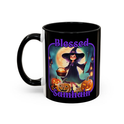 Blessed Samhain Little Witch Purple font Black Accent Mug by CreepyCrafts.boo