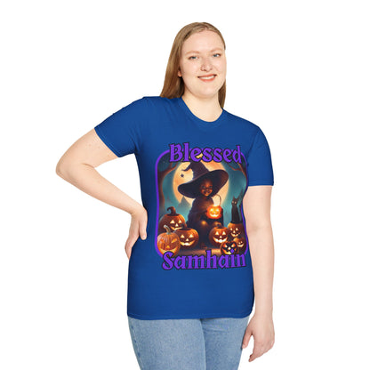 Blessed Samhain Cute Witch Purple font Dark colors Unisex T-Shirt by CreepyCrafts.boo