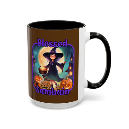 Blessed Samhain Little Witch Purple font Brown Accent Mug by CreepyCrafts.boo