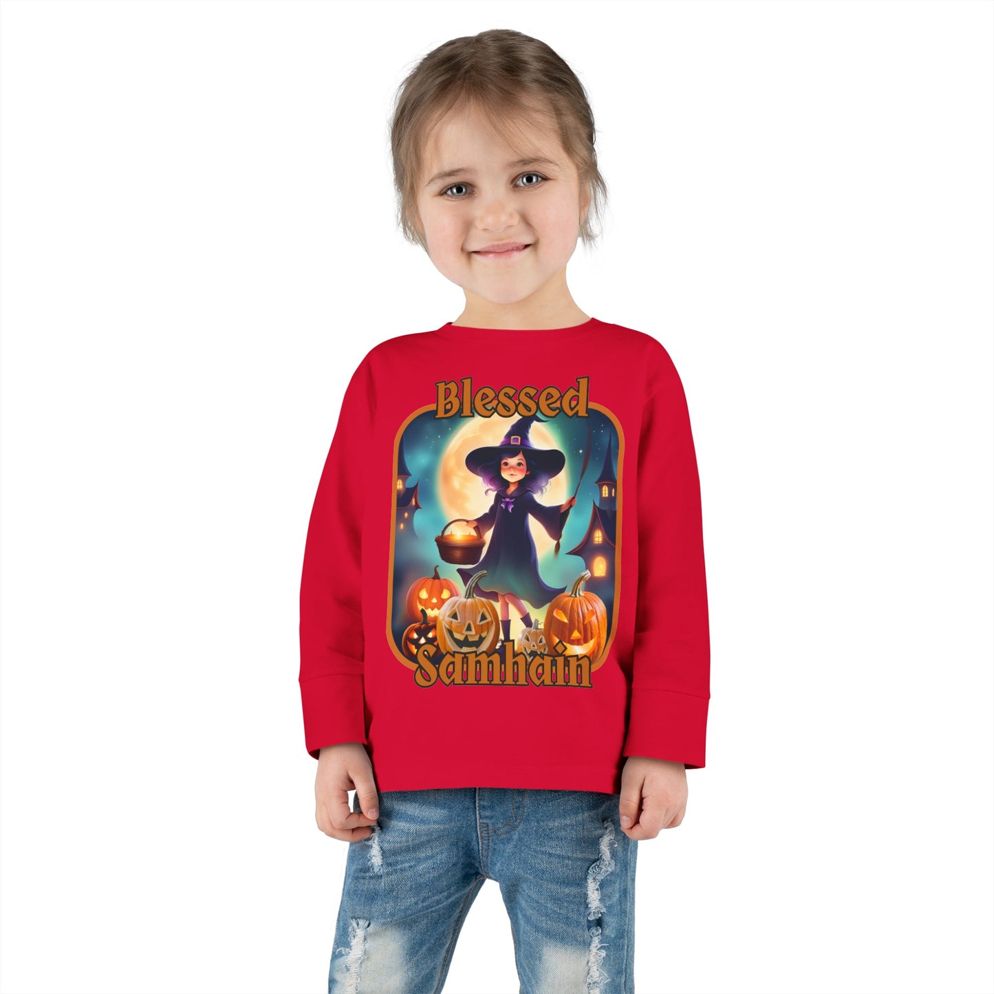 Blessed Samhain Little Witch ORfont Toddler Long Sleeve Tee by cypherpunkgear