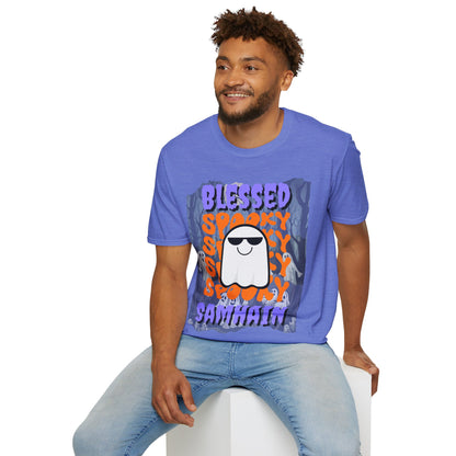 Spooky Blessed Samhain Ghost Purple font Unisex T-Shirt by CreepyCrafts.boo