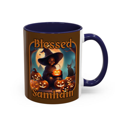 Blessed Samhain Cute Witch Orange font Brown Accent Mug by CreepyCrafts.boo