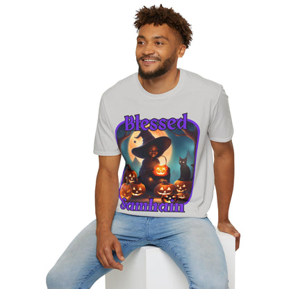 Blessed Samhain Cute Witch Purple font Light colors Unisex T-Shirt by CreepyCrafts.boo