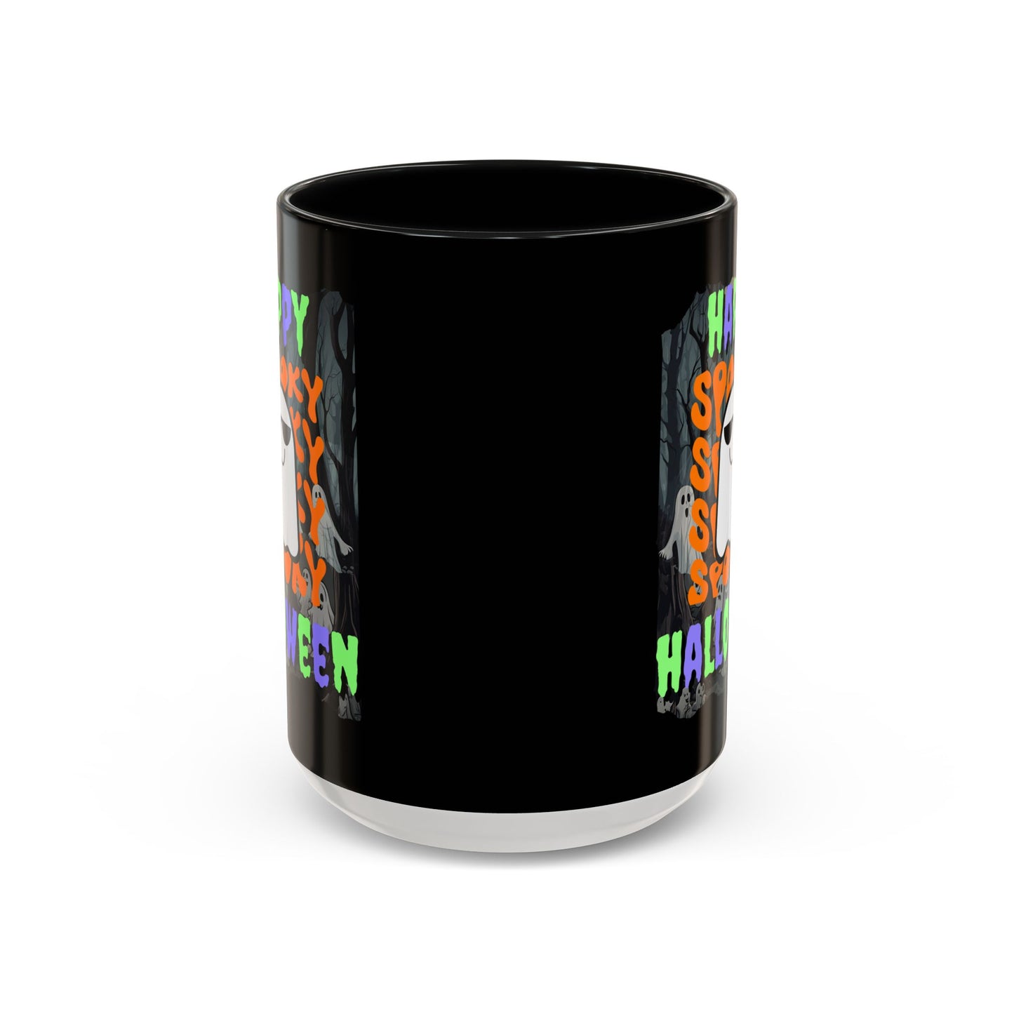 Spooky Happy Halloween Ghost Mixed font Black Accent Mug by CreepyCrafts.boo