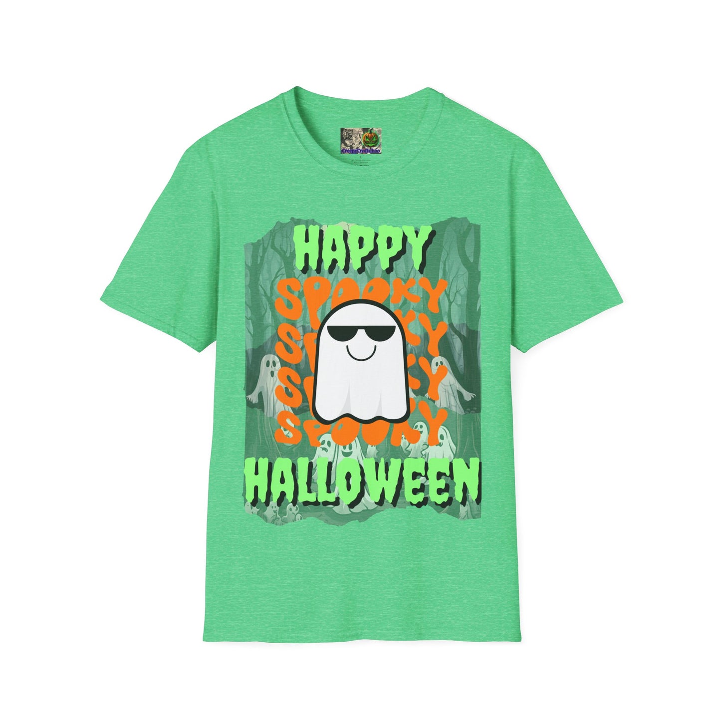 Spooky Happy Halloween Ghost Dark colors Green font Unisex T-Shirt by CreepyCrafts.boo