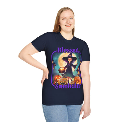 Blessed Samhain Little Witch Purple font Dark colors Unisex T-Shirt by CreepyCrafts.boo