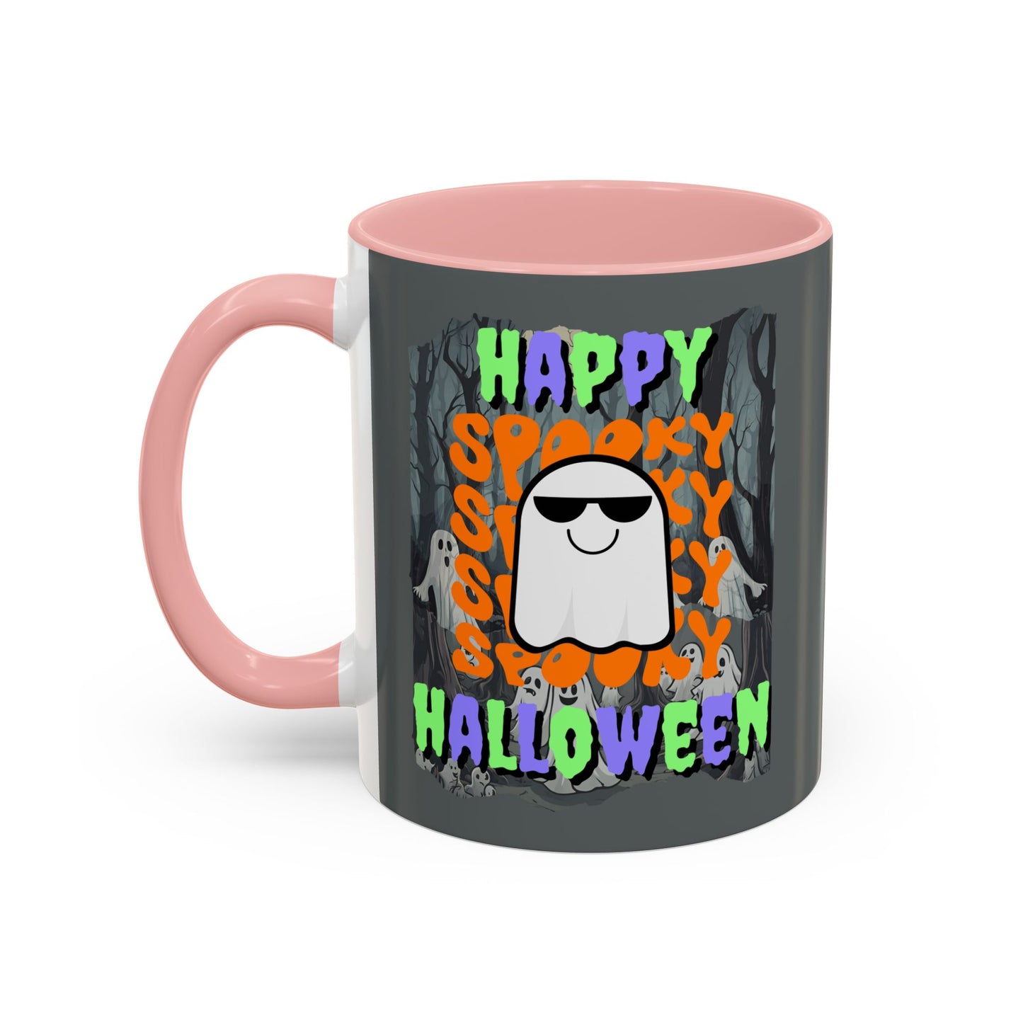 Spooky Happy Halloween Ghost Mixed font Grey Accent Mug by CreepyCrafts.boo
