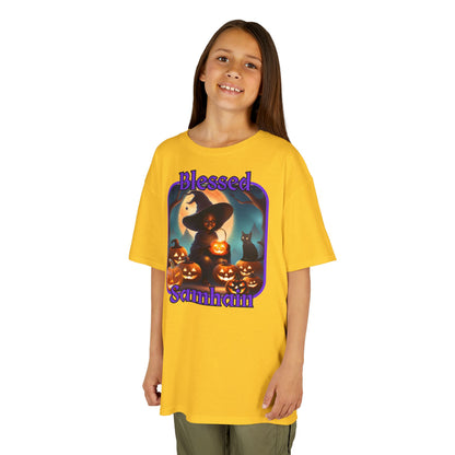 Blessed Samhain Cute Witch Purple font Kids Heavy Cotton™ Tee by CreepyCrafts.boo