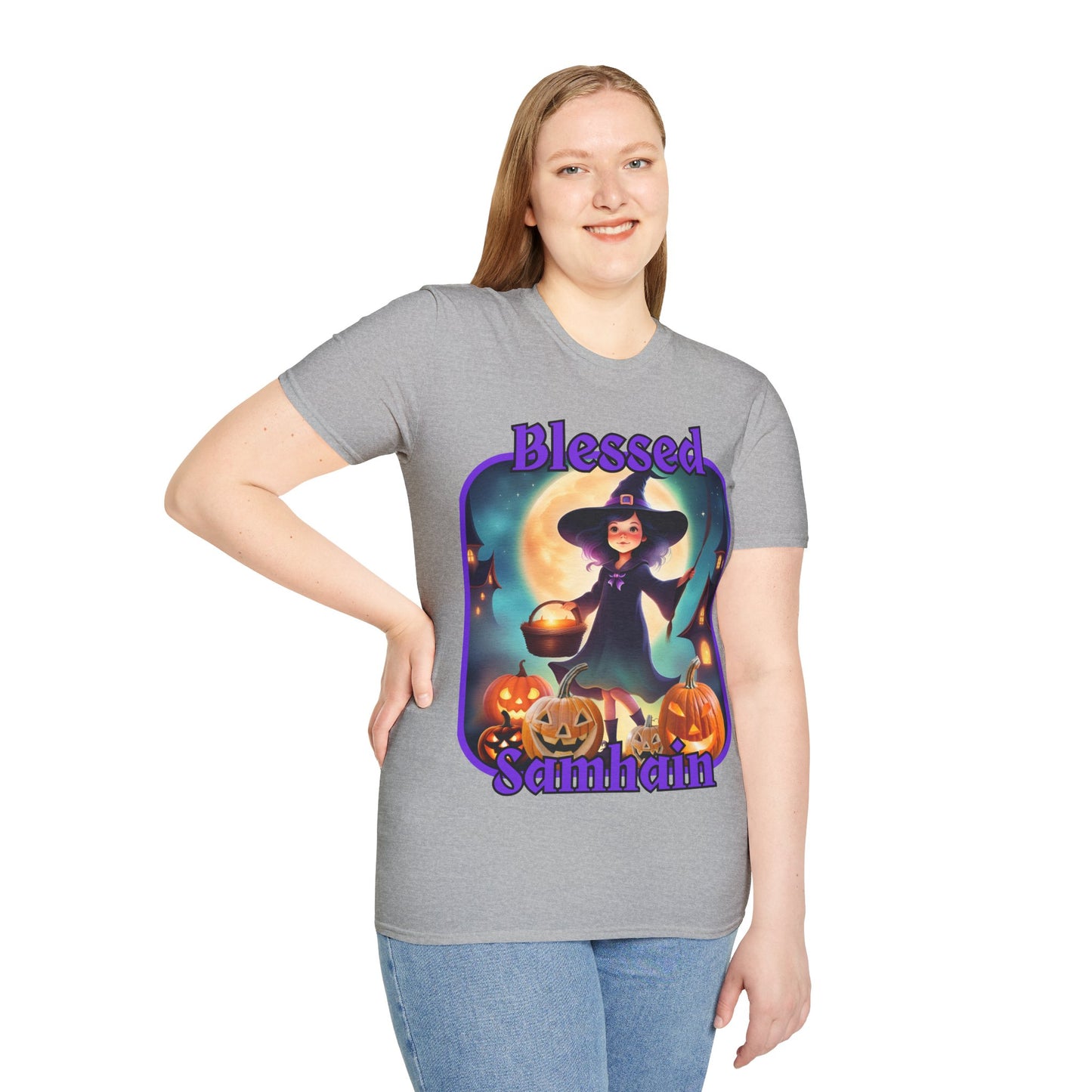 Blessed Samhain Little Witch Purple font Light colors Unisex T-Shirt by CreepyCrafts.boo