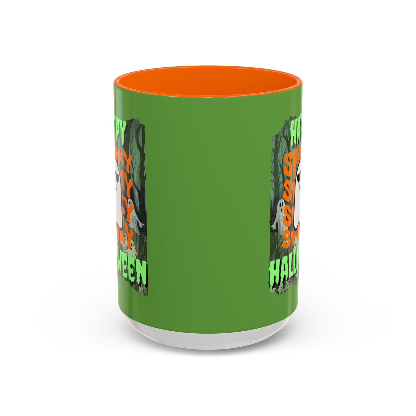Spooky Happy Halloween Ghost Green font Green Accent Mug by CreepyCrafts.boo