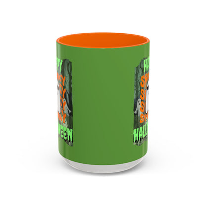 Spooky Happy Halloween Ghost Green font Green Accent Mug by CreepyCrafts.boo