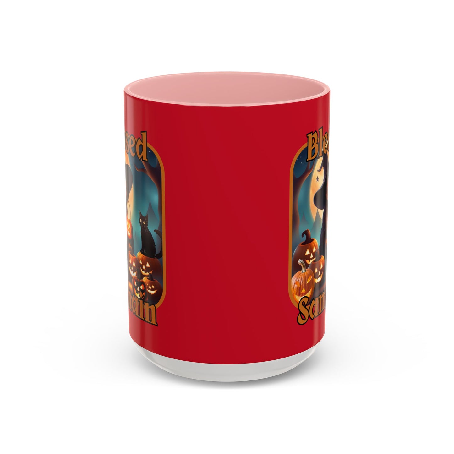 Blessed Samhain Cute Witch Orange font Red Accent Mug by CreepyCrafts.boo
