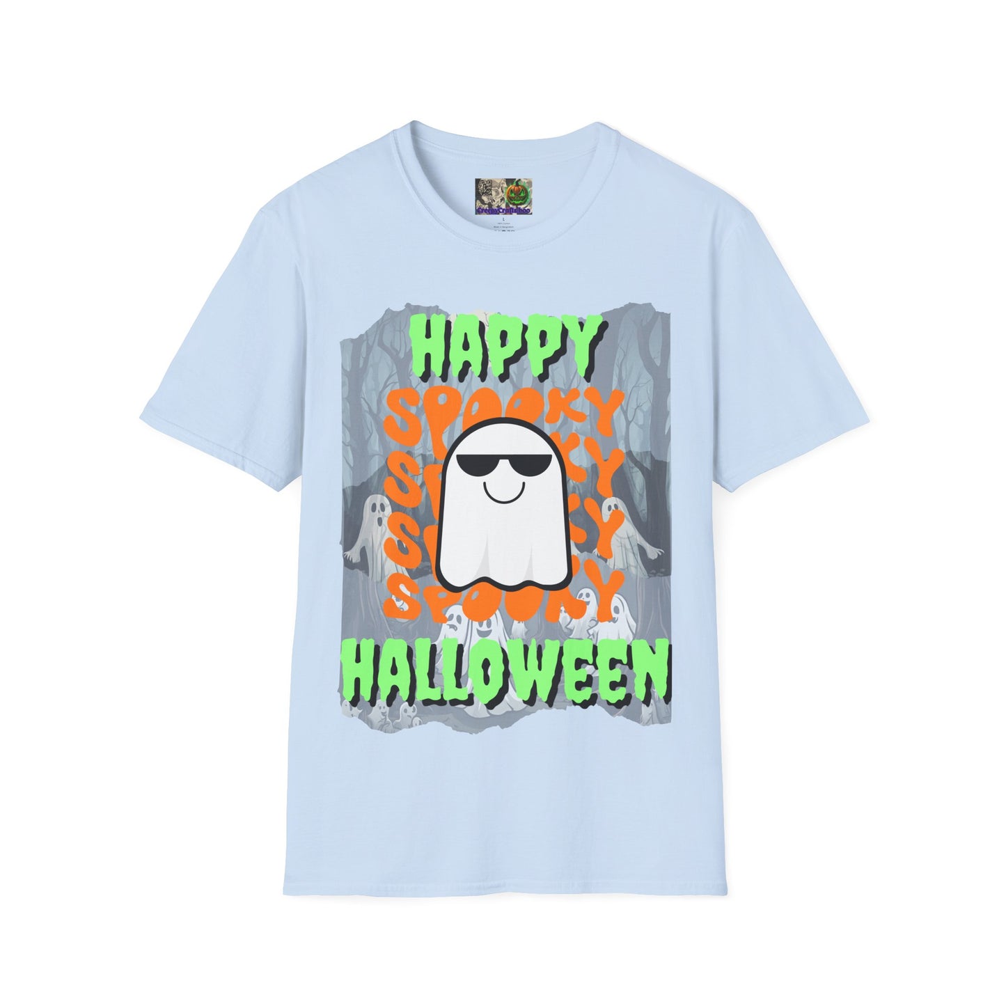 Spooky Happy Halloween Ghost Light colors Green font Unisex T-Shirt by CreepyCrafts.boo