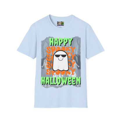 Spooky Happy Halloween Ghost Light colors Green font Unisex T-Shirt by CreepyCrafts.boo