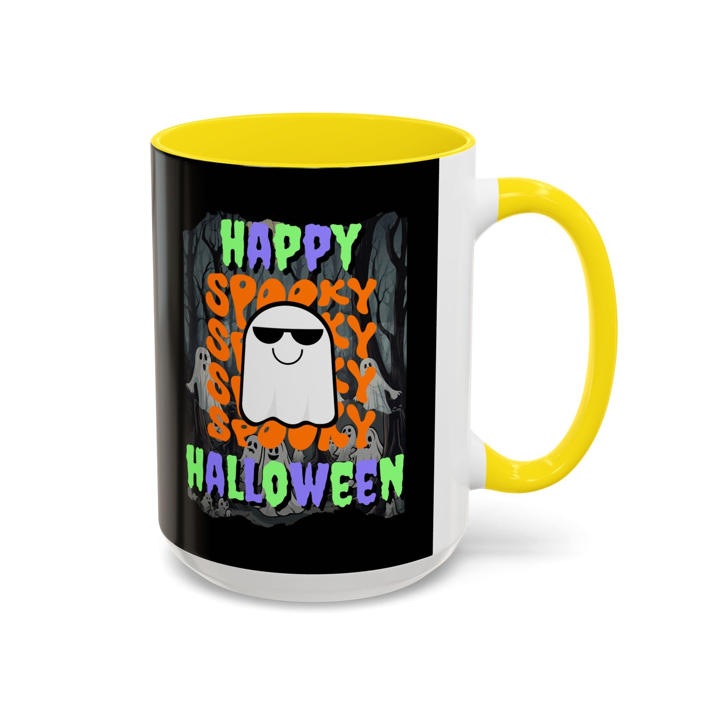 Spooky Happy Halloween Ghost Mixed font Black Accent Mug by CreepyCrafts.boo