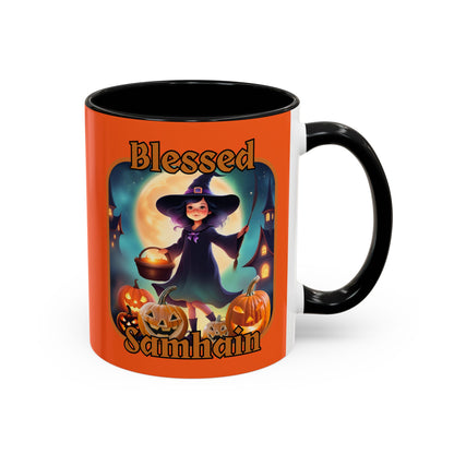 Blessed Samhain Little Witch Orange font Orange Accent Mug by CreepyCrafts.boo