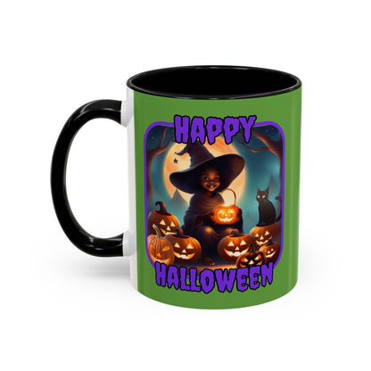 Happy Halloween Cute Witch Purple font Green Accent Mug by CreepyCrafts.boo