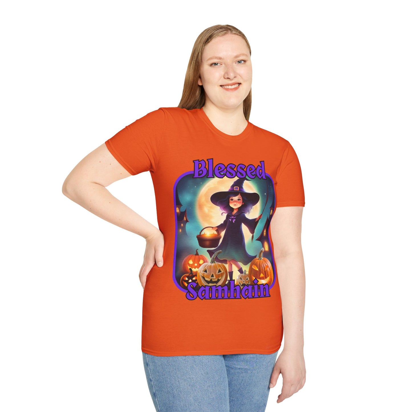 Blessed Samhain Little Witch Purple font Light colors Unisex T-Shirt by CreepyCrafts.boo