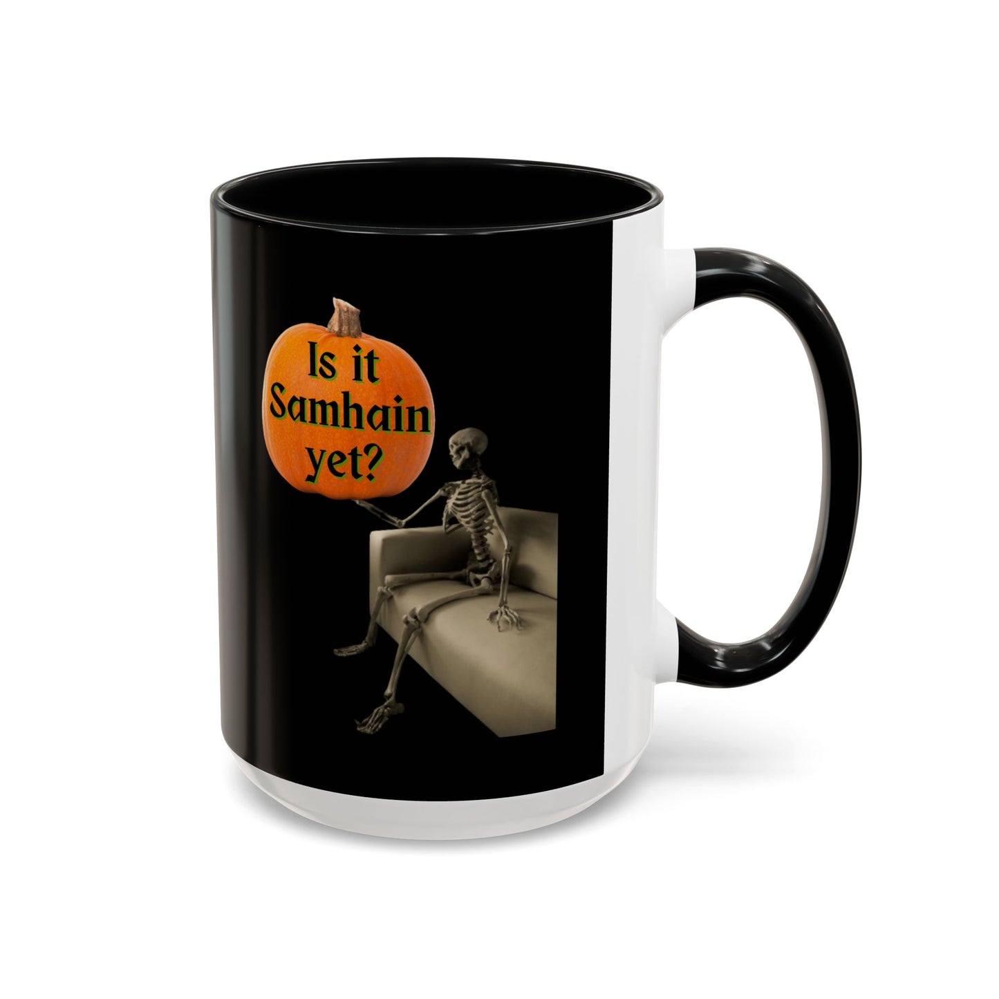 Is it Samhain yet? Skeleton's Pumpkin Black Accent Mug by CreepyCrafts.boo
