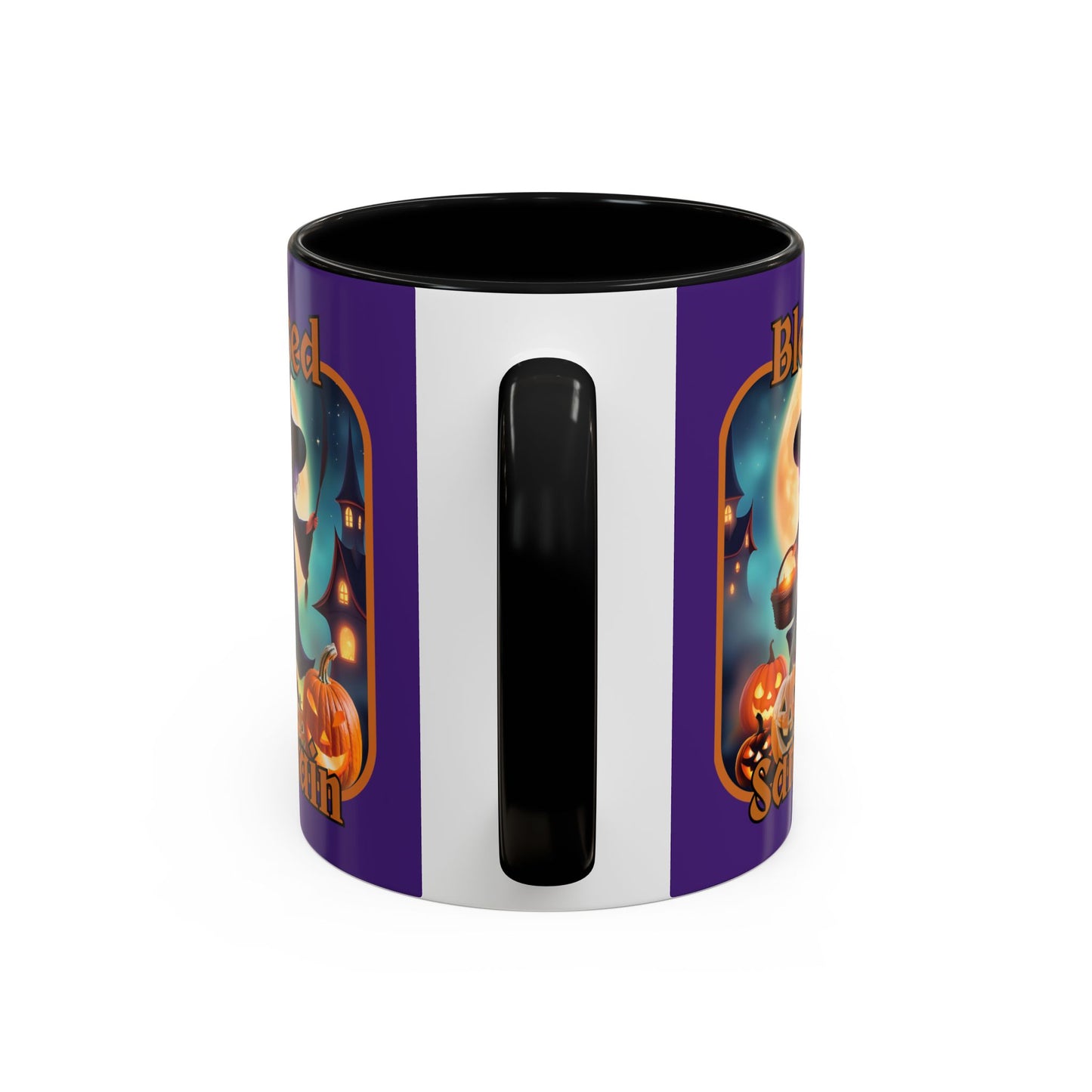 Blessed Samhain Little Witch Orange font Purple Accent Mug by CreepyCrafts.boo