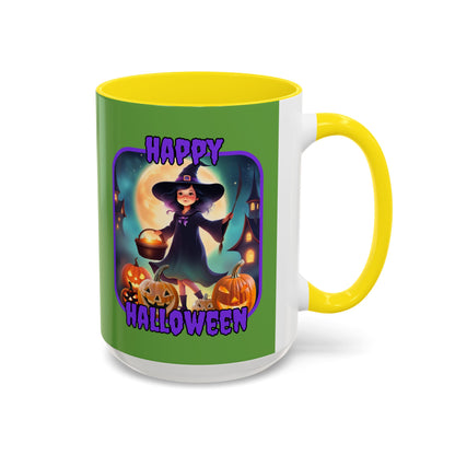 Happy Halloween Little Witch Purple font Green Accent Mug by CreepyCrafts.boo