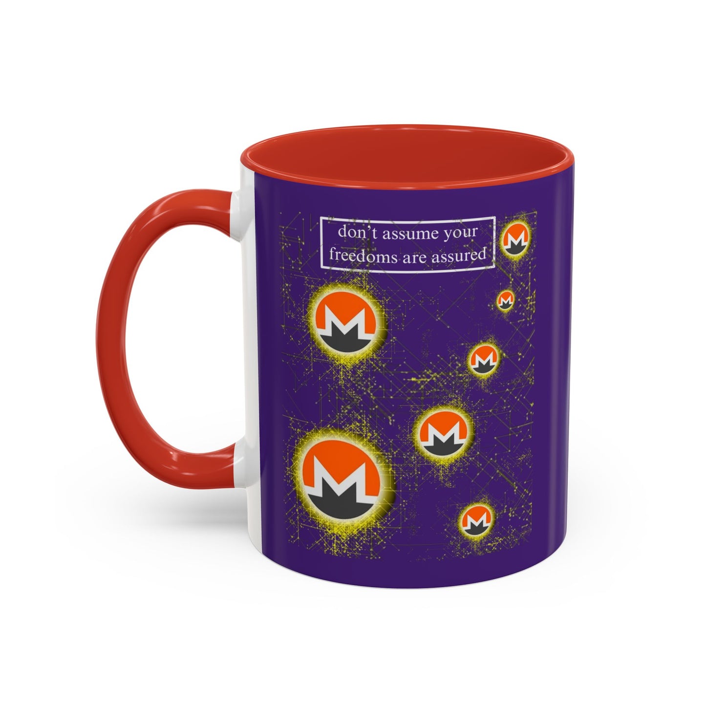 Monero (XMR) don't assume your freedoms are assured Purple Accent Mug by cypherpunkgear.com