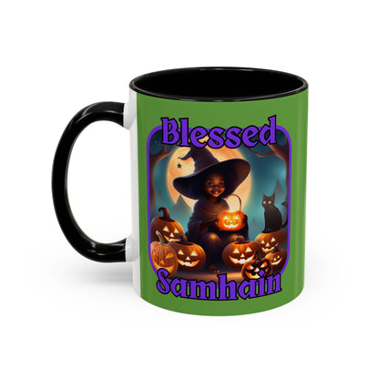 Blessed Samhain Cute Witch Purple font Green Accent Mug by CreepyCrafts.boo