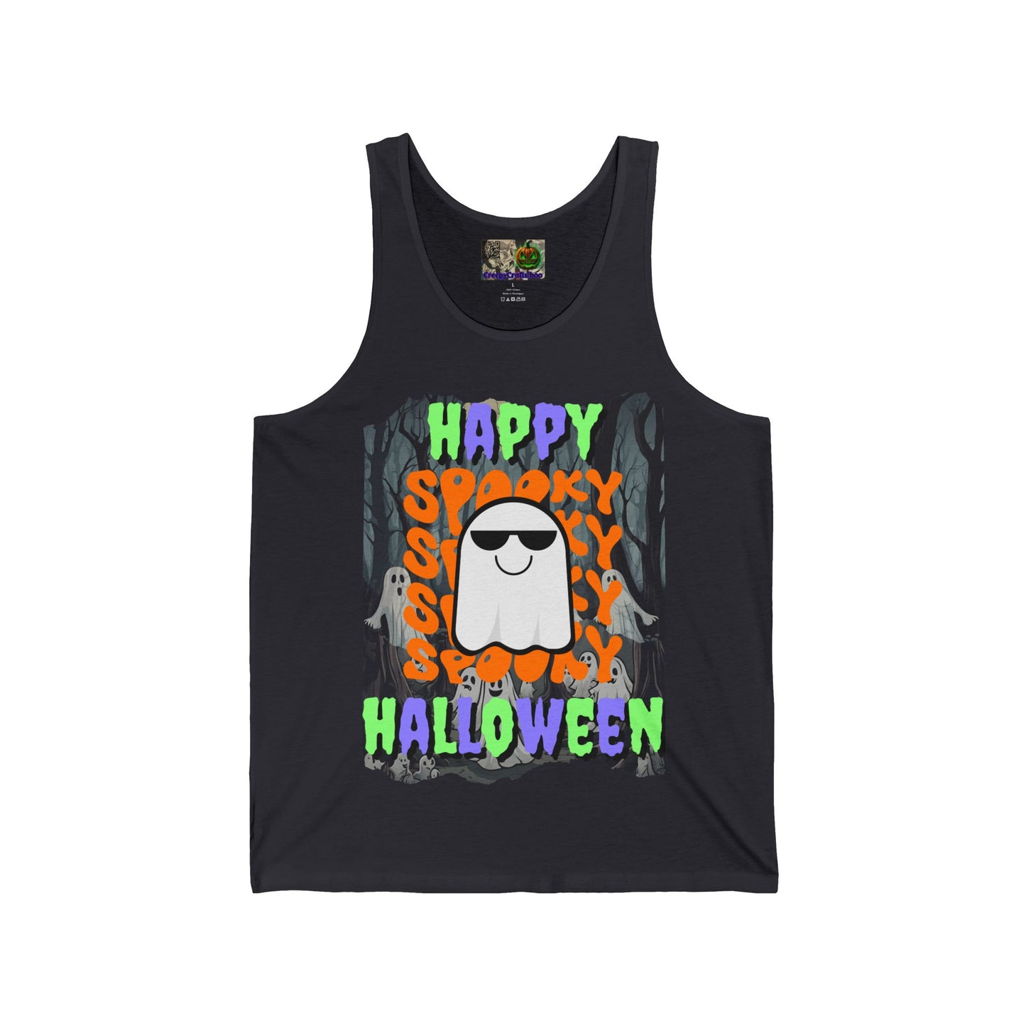 Spooky Happy Halloween Ghost Mixed font Unisex Jersey Tank Top by CreepyCrafts.boo
