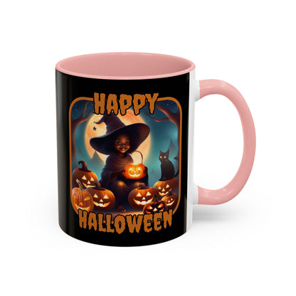 Happy Halloween Cute Witch Orange font Black Accent Mug by CreepyCrafts.boo