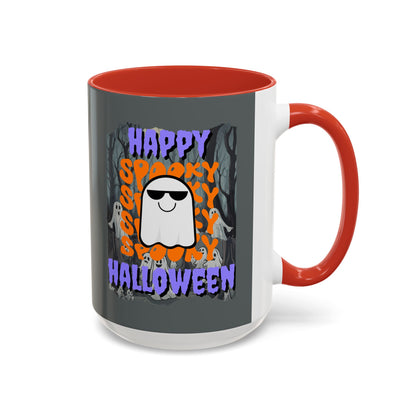 Spooky Happy Halloween Ghost Purple font Grey Accent Mug by CreepyCrafts.boo