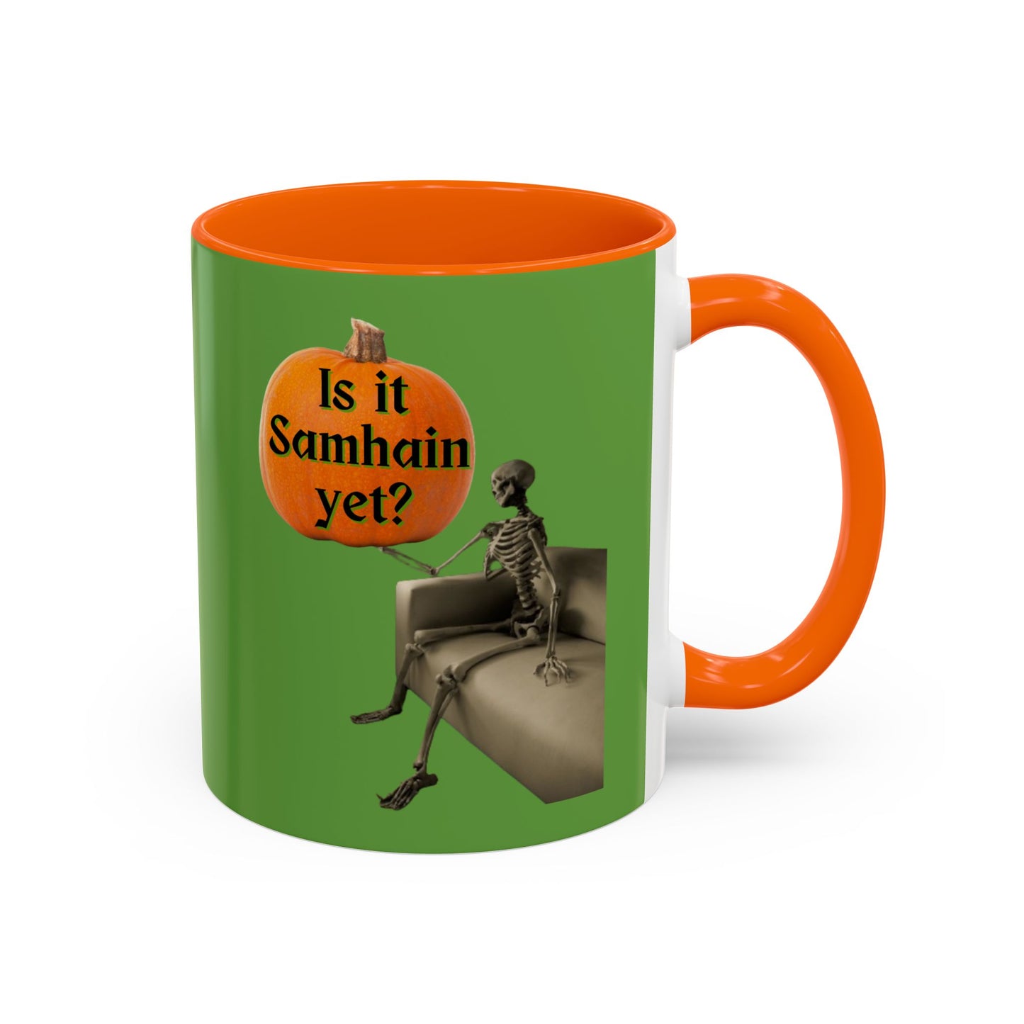 Is it Samhain yet? Skeleton's Pumpkin Green Accent Mug by CreepyCrafts.boo