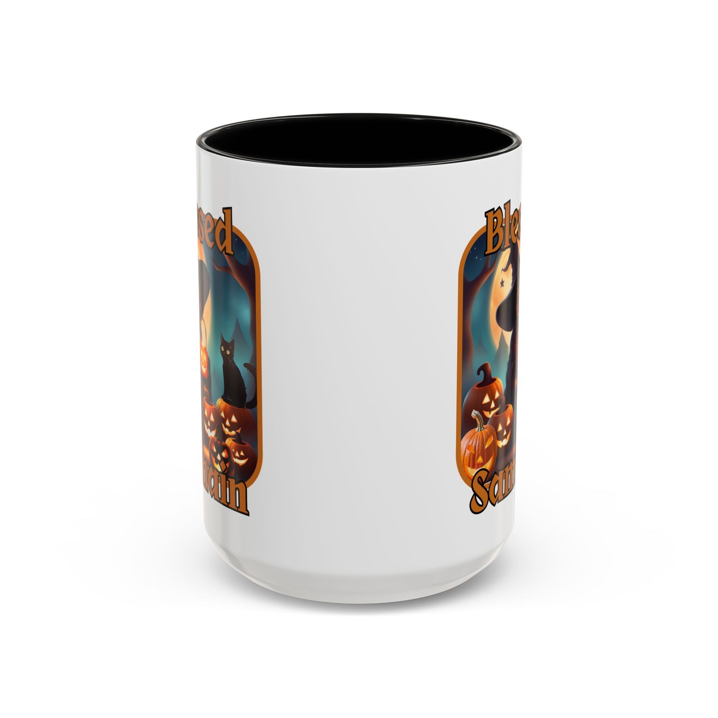 Blessed Samhain Cute Witch Orange font White Accent Mug by CreepyCrafts.boo
