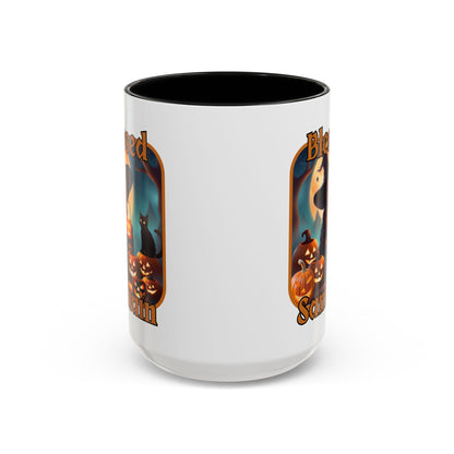 Blessed Samhain Cute Witch Orange font White Accent Mug by CreepyCrafts.boo