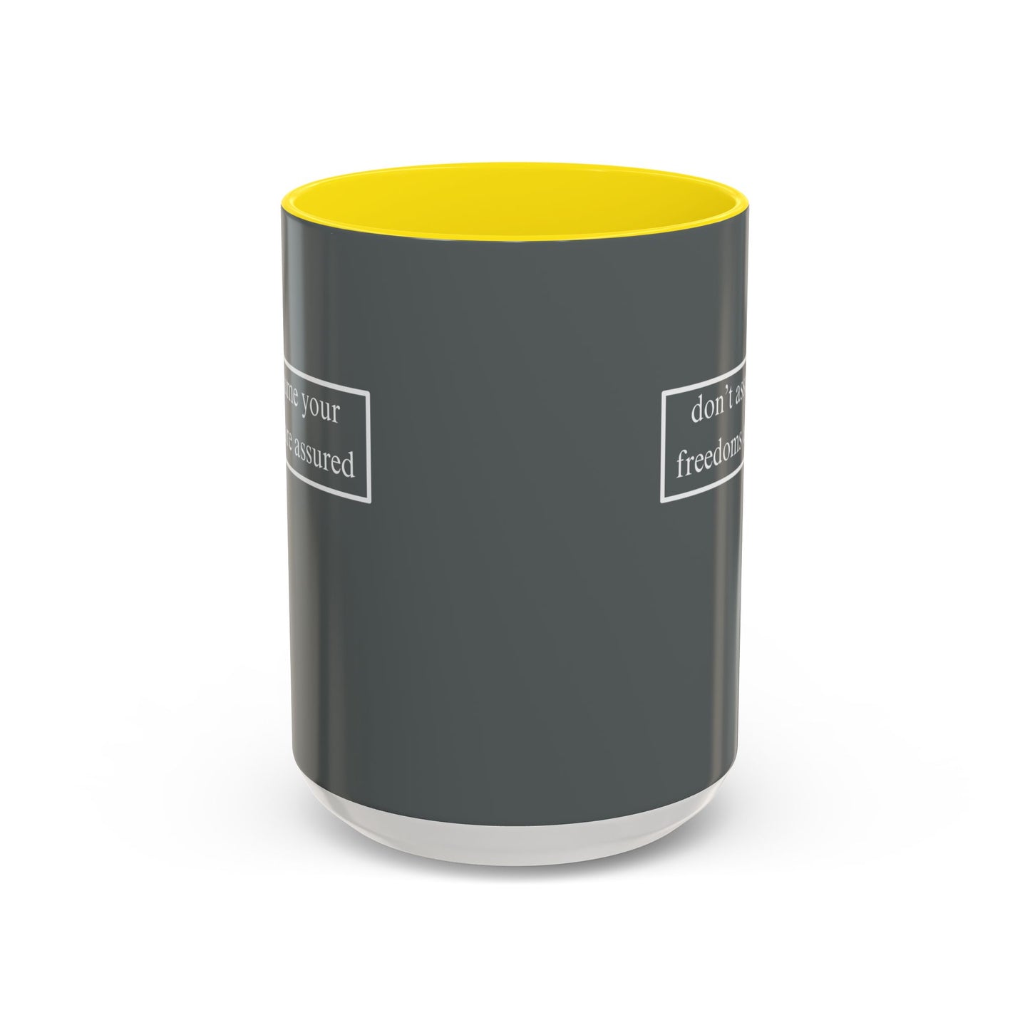 don't assume your freedoms are assured, White font, Grey Accent Mug by cypherpunkgear.com