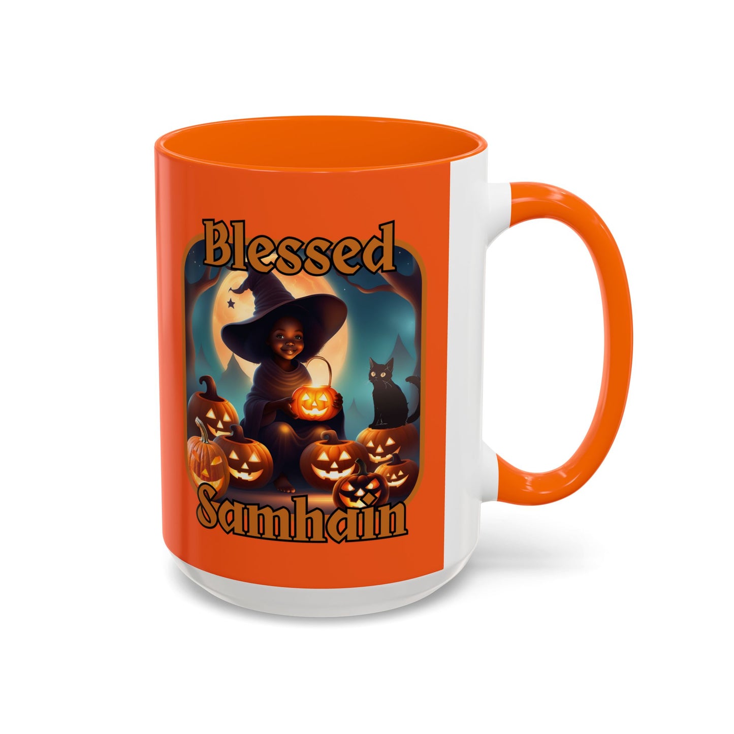 Blessed Samhain Cute Witch Orange font Orange Accent Mug by CreepyCrafts.boo