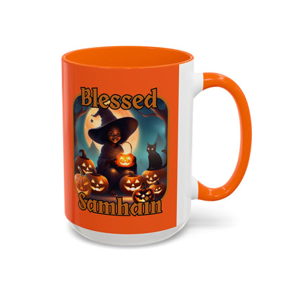 Blessed Samhain Cute Witch Orange font Orange Accent Mug by CreepyCrafts.boo