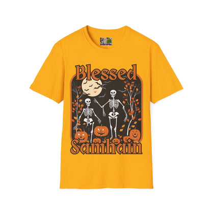 Spooktacular Skeletons of Samhain Light colors Unisex T-Shirt by CreepyCrafts.boo