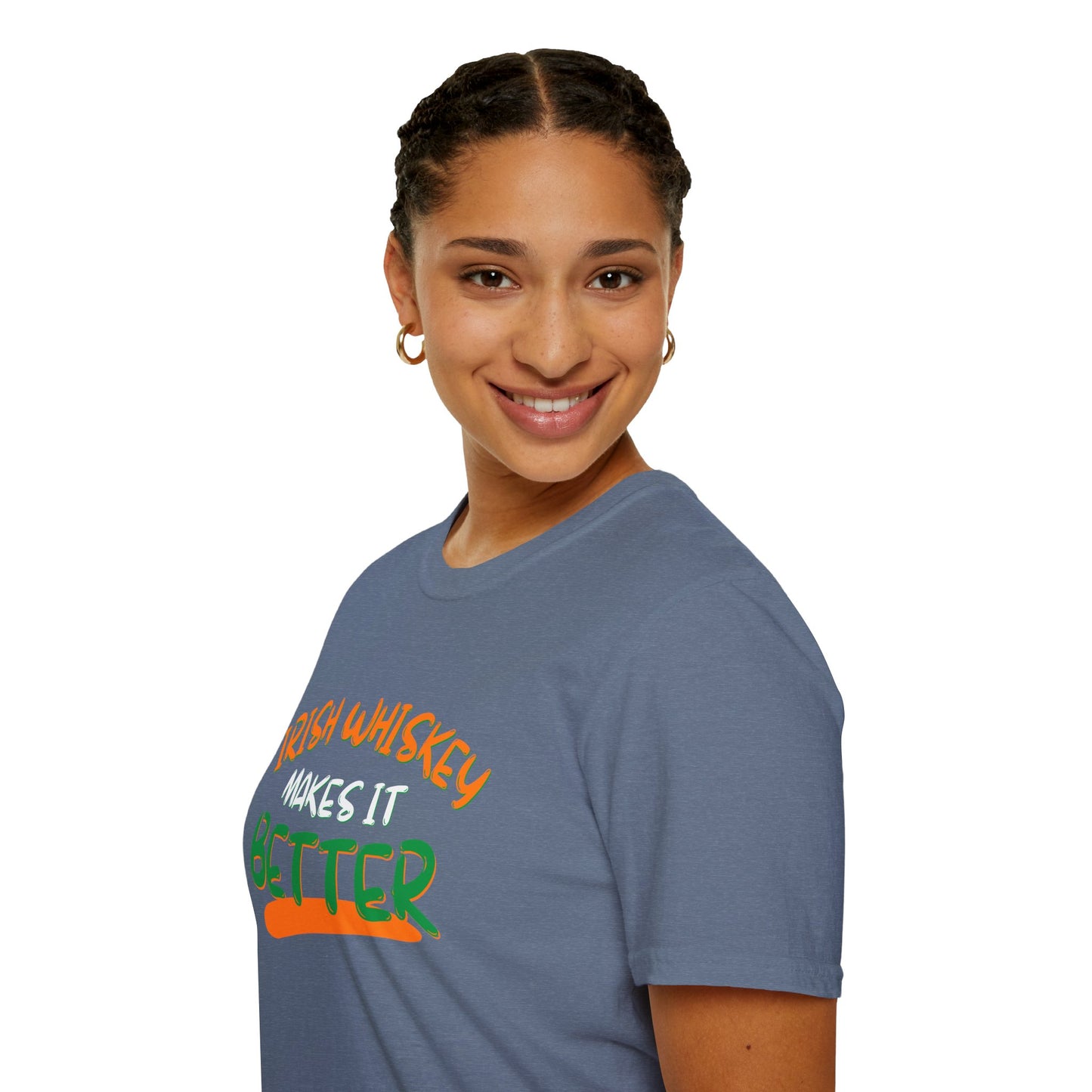 Irish Whiskey makes it better Orange, White, and Green font Dark colors Unisex T-Shirt by cypherpunkgear.com