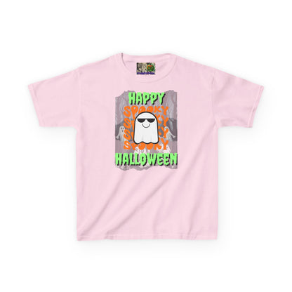 Spooky Happy Halloween Ghost Green font Kids Heavy Cotton™ Tee by CreepyCrafts.boo