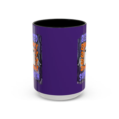 Spooky Blessed Samhain Ghost Purple font Accent Mug by CreepyCrafts.boo
