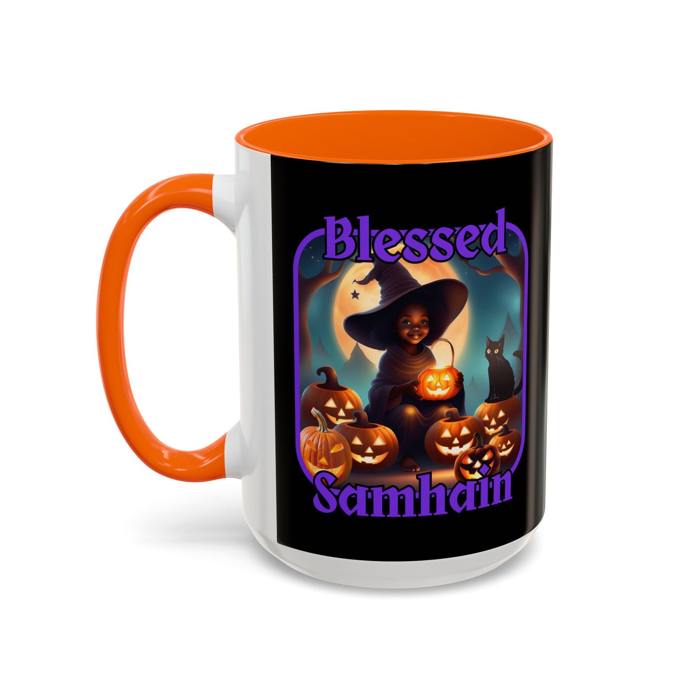 Blessed Samhain Cute Witch Purple font Black Accent Mug by CreepyCrafts.boo