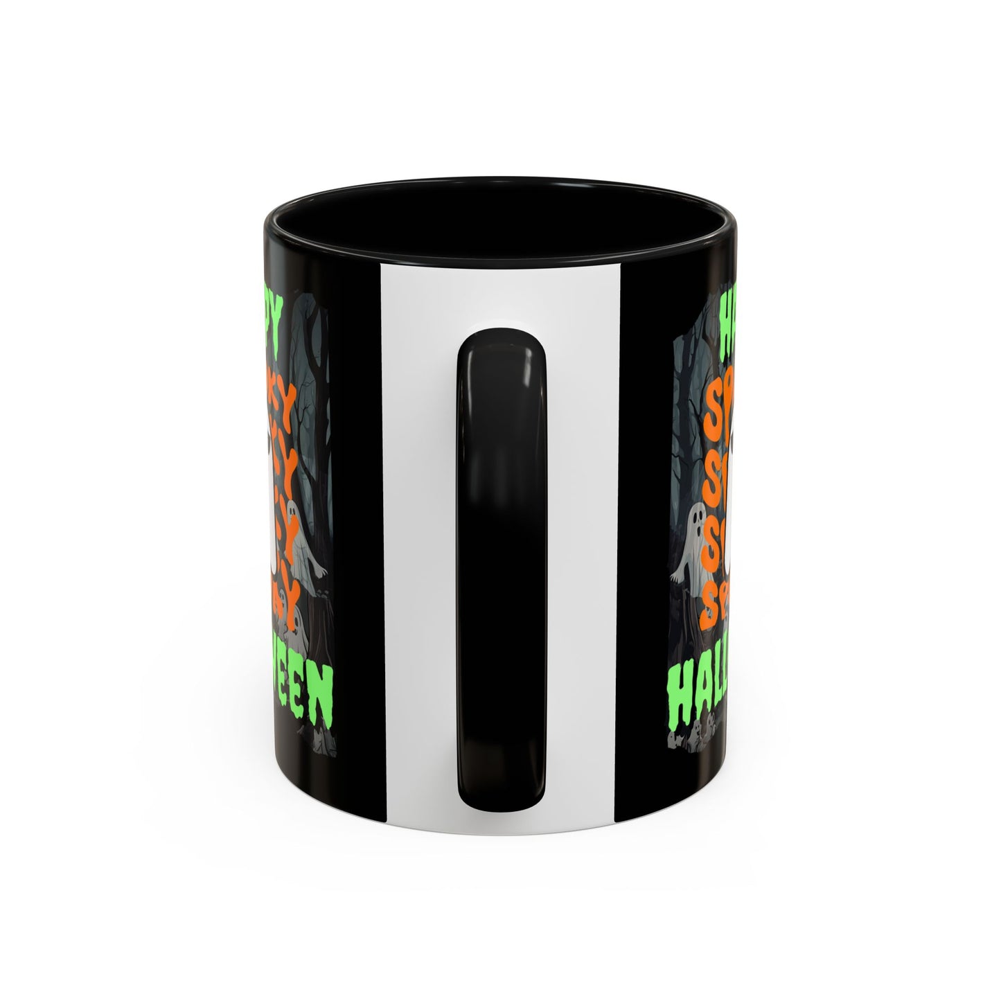 Spooky Happy Halloween Ghost Green font Black Accent Mug by CreepyCrafts.boo