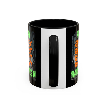 Spooky Happy Halloween Ghost Green font Black Accent Mug by CreepyCrafts.boo