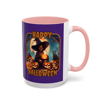 Happy Halloween Cute Witch Orange font Purple Accent Mug by CreepyCrafts.boo