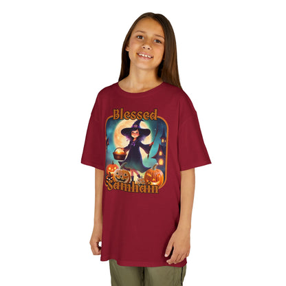 Blessed Samhain Little Witch Orange font Kids Heavy Cotton™ Tee by CreepyCrafts.boo