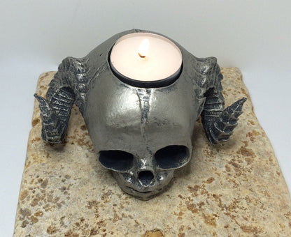 Satyr Fetal Skull Tea Light Holder, Hand Sculpted Resin Sculpture |Spooky Gothic Demon Skull Candle for Halloween Gift and Gothic Home Decor
