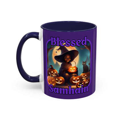 Blessed Samhain Cute Witch Purple font Purple Accent Mug by CreepyCrafts.boo