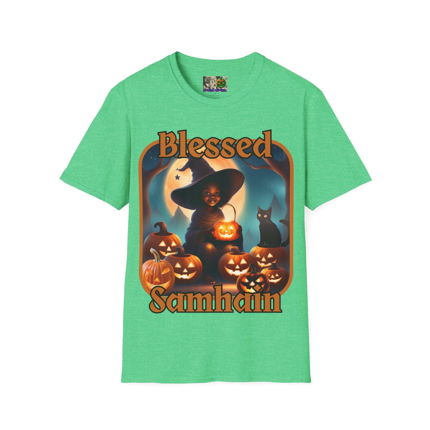 Blessed Samhain Cute Witch Orange font Dark colors Unisex T-Shirt by CreepyCrafts.boo