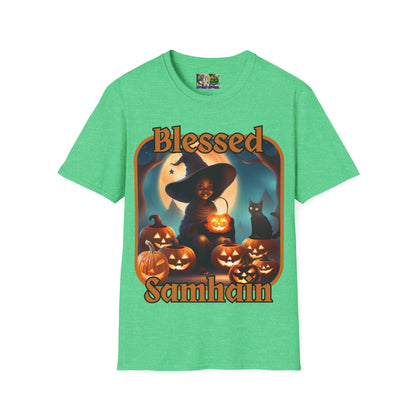 Blessed Samhain Cute Witch Orange font Dark colors Unisex T-Shirt by CreepyCrafts.boo