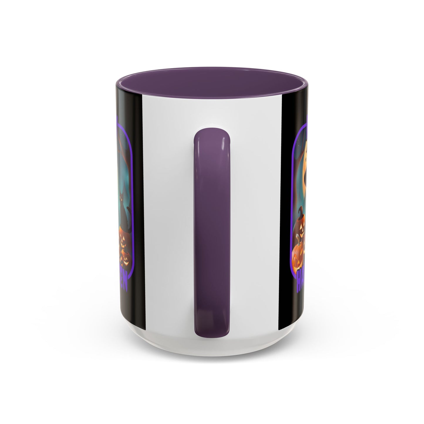Happy Halloween Cute Witch Purple font Black Accent Mug by CreepyCrafts.boo